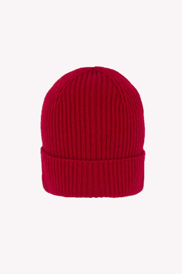 Berretto Unisex a Coste in Puro Cashmere Rubino - Modello Lungo