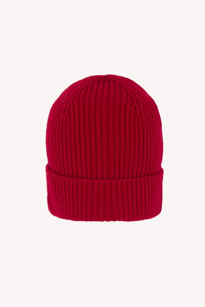 Berretto Unisex a Coste in Puro Cashmere Rubino - Modello Lungo