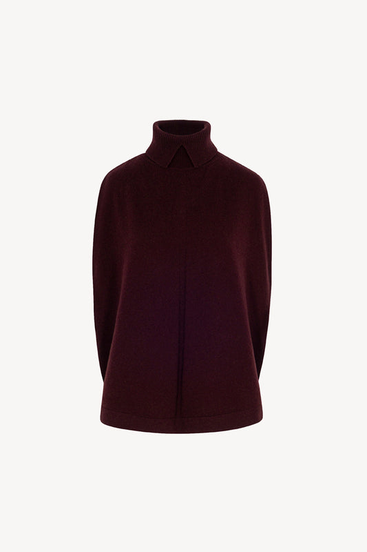 Maple Red Pure Cashmere Turtleneck Cape with Neck Slit