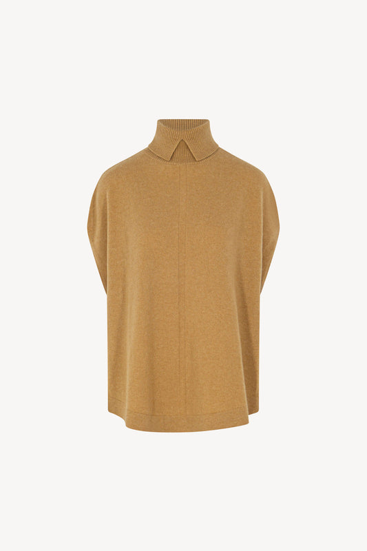 Cappa a Collo Alto con Spacchetto in Puro Cashmere Cammello