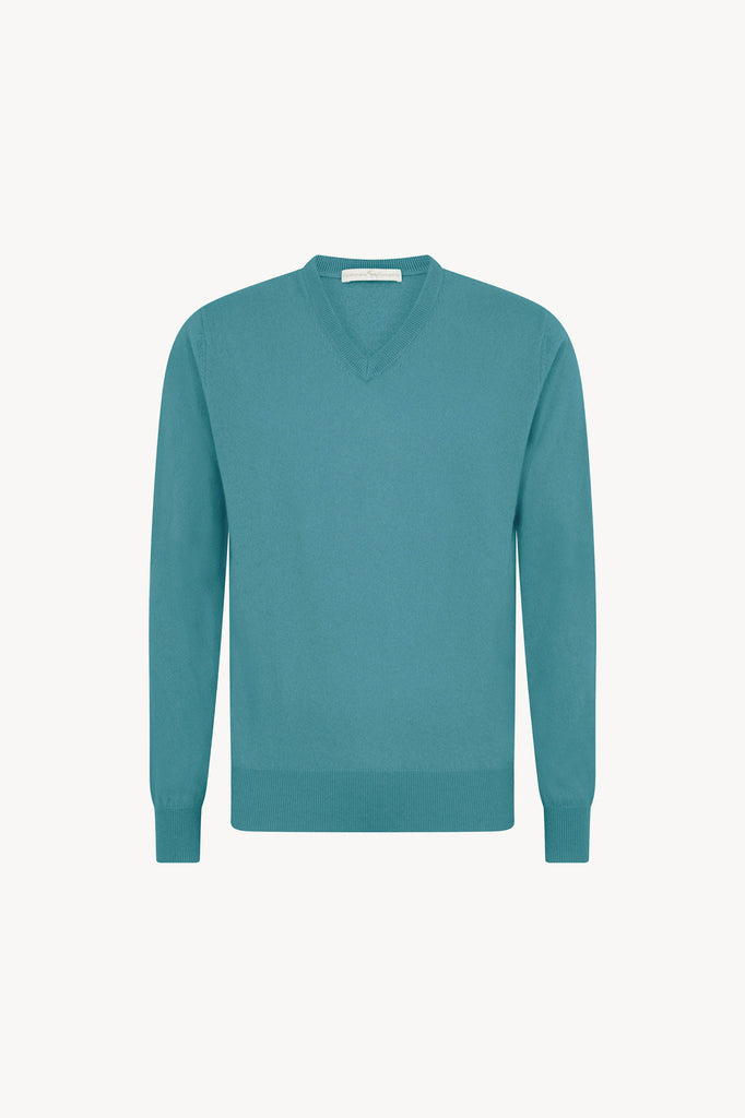 Maglia Scollo a V in Puro Cashmere Turchese