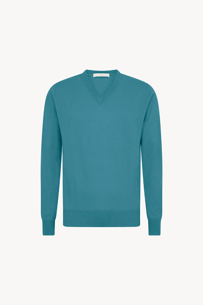 Maglia Scollo a V in Puro Cashmere Turchese