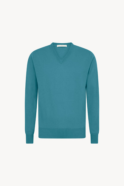 Maglia Scollo a V in Puro Cashmere Turchese