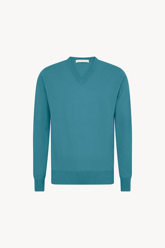 Maglia Scollo a V in Puro Cashmere Turchese