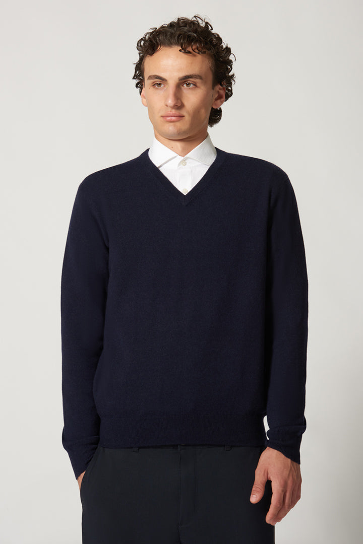 Maglia Scollo a V in Puro Cashmere Navy