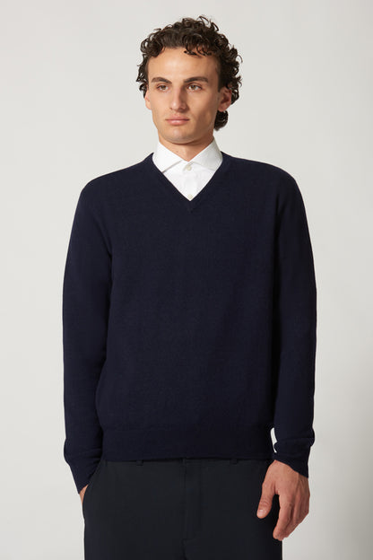 Maglia Scollo a V in Puro Cashmere Navy
