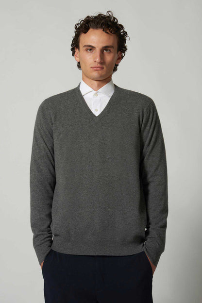 Maglia Scollo a V in Puro Cashmere Denim Scuro