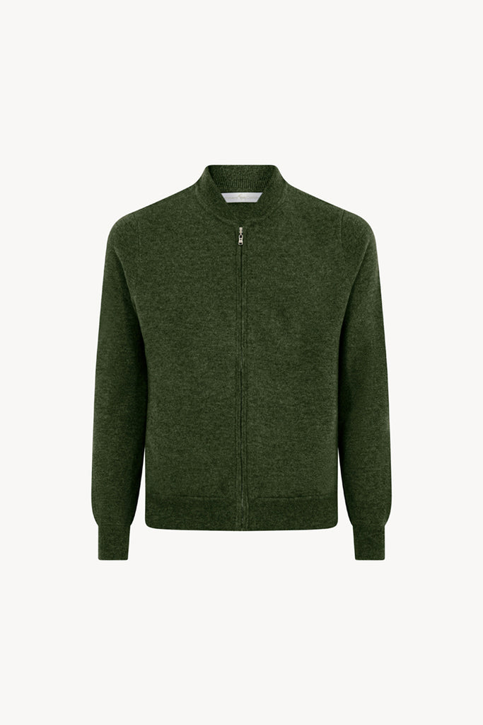 Loden Green Pure Cashmere Cardigan Bomber-Style with Full Zip