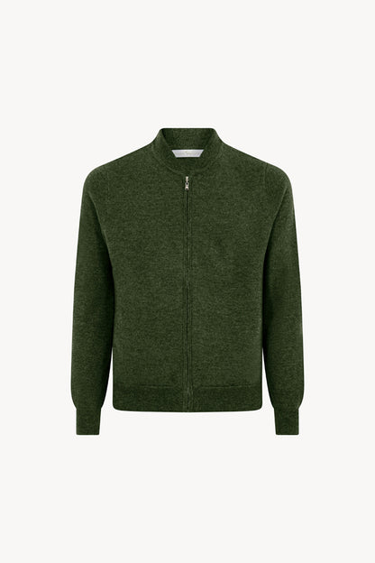 Loden Green Pure Cashmere Cardigan Bomber-Style with Full Zip