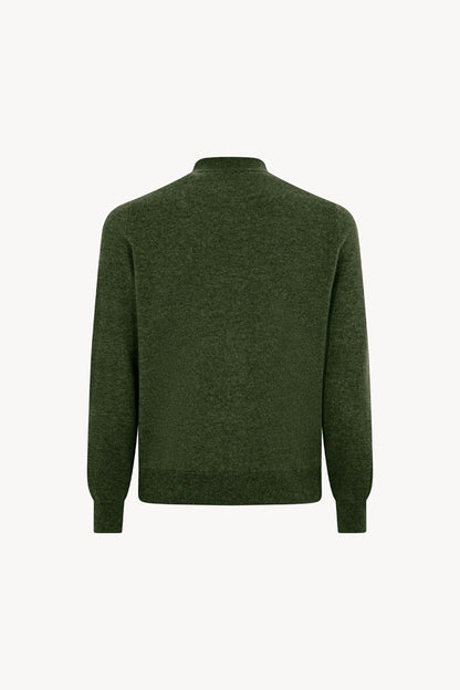 Loden Green Pure Cashmere Cardigan Bomber-Style with Full Zip