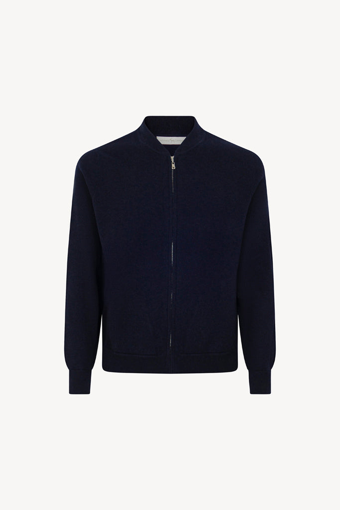 Navy Pure Cashmere Cardigan Bomber-Style with Full Zip