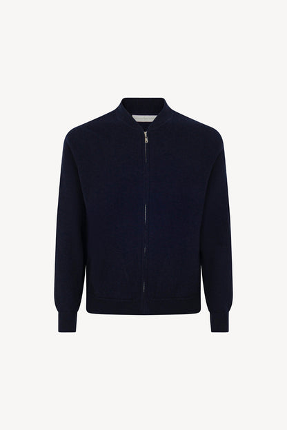 Navy Pure Cashmere Cardigan Bomber-Style with Full Zip