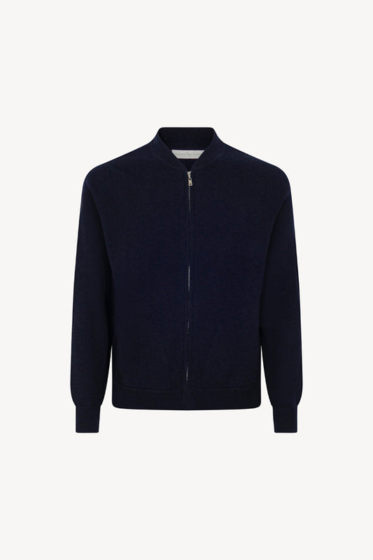 Navy Pure Cashmere Cardigan Bomber-Style with Full Zip