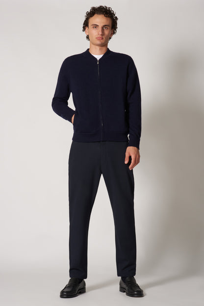 Cardigan a Bomber con Zip in Puro Cashmere Navy