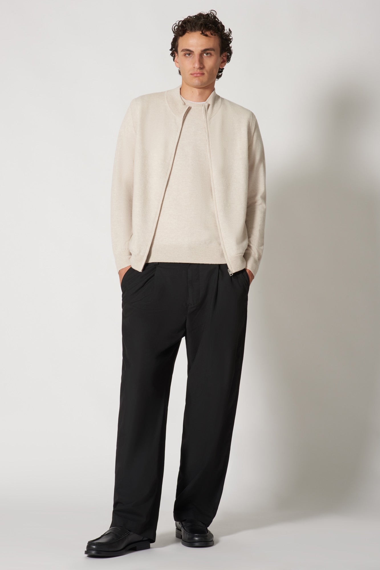 Cardigan a Bomber con Zip in Puro Cashmere Avena