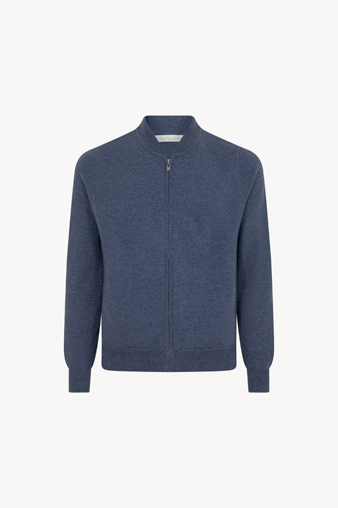 Dark Denim Pure Cashmere Cardigan Bomber-Style with Full Zip