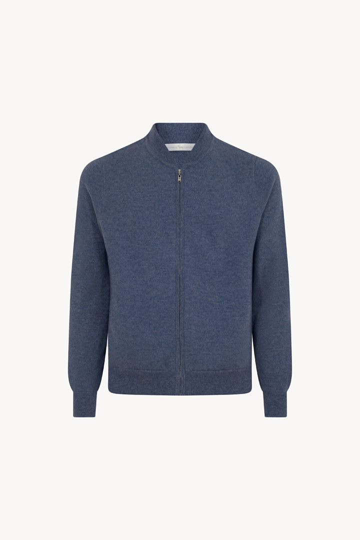 Dark Denim Pure Cashmere Cardigan Bomber-Style with Full Zip