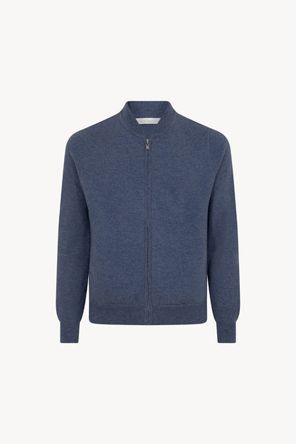Dark Denim Pure Cashmere Cardigan Bomber-Style with Full Zip