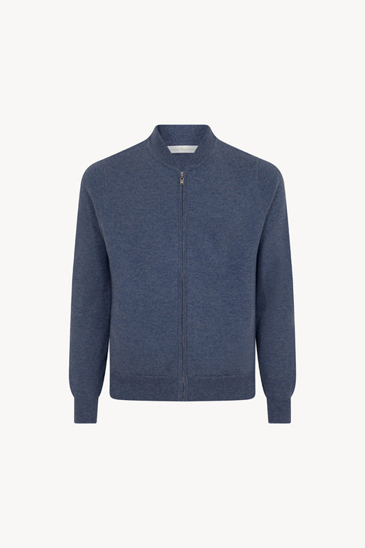 Cardigan a Bomber con Zip in Puro Cashmere Denim Scuro