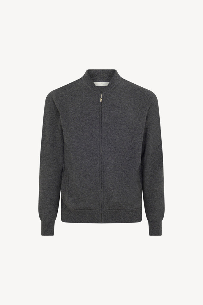 Dark Grey Pure Cashmere Cardigan Bomber-Style with Full Zip