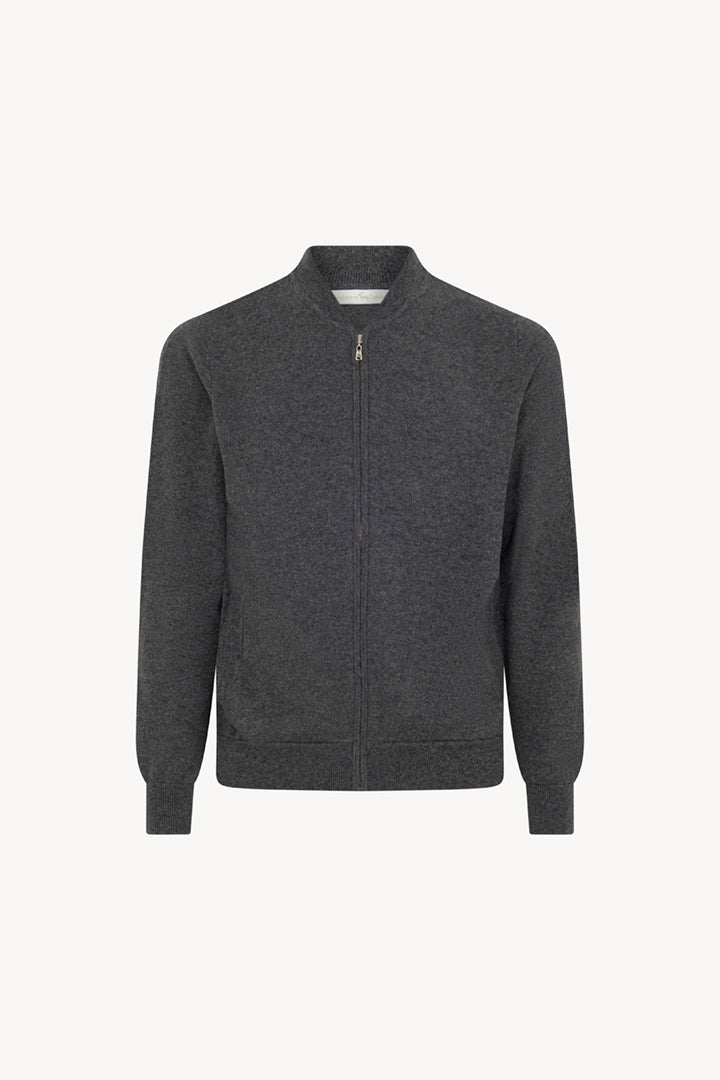 Dark Grey Pure Cashmere Cardigan Bomber-Style with Full Zip