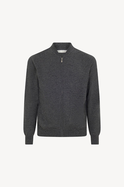 Dark Grey Pure Cashmere Cardigan Bomber-Style with Full Zip