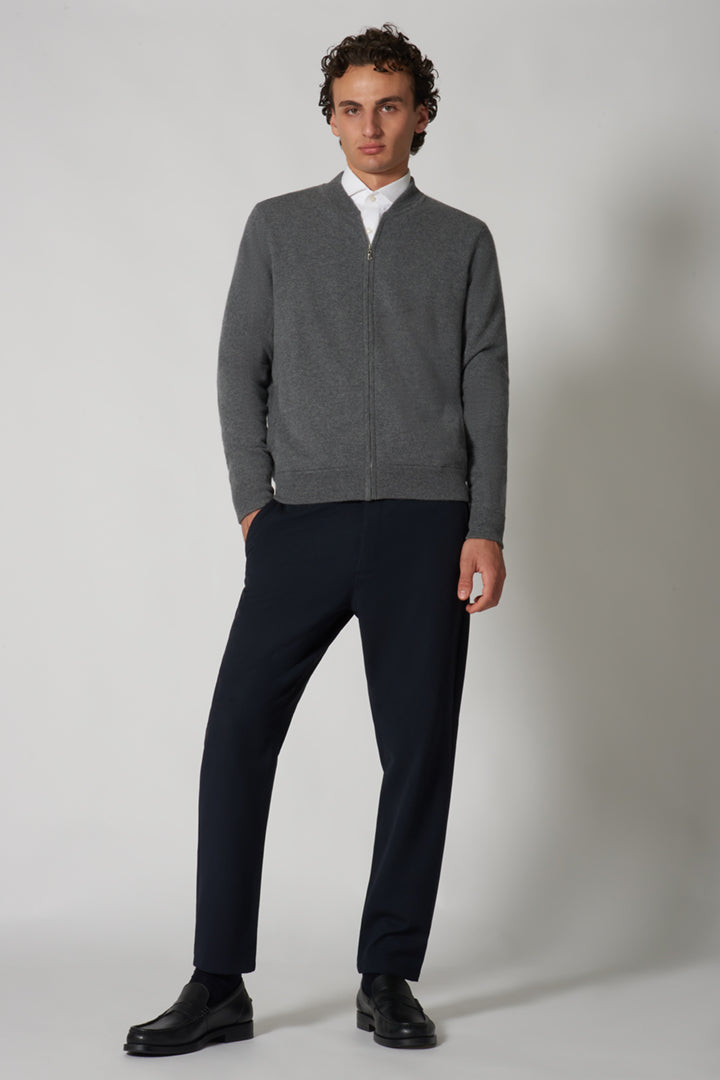 Dark Grey Pure Cashmere Cardigan Bomber-Style with Full Zip