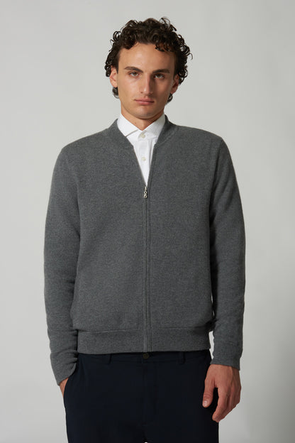 Dark Grey Pure Cashmere Cardigan Bomber-Style with Full Zip