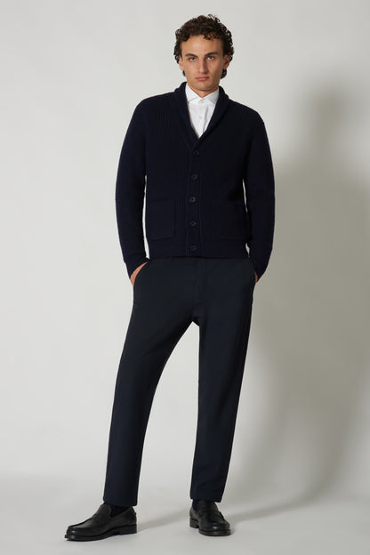 Navy Pure Cashmere Shawl Collar English Rib Cardigan