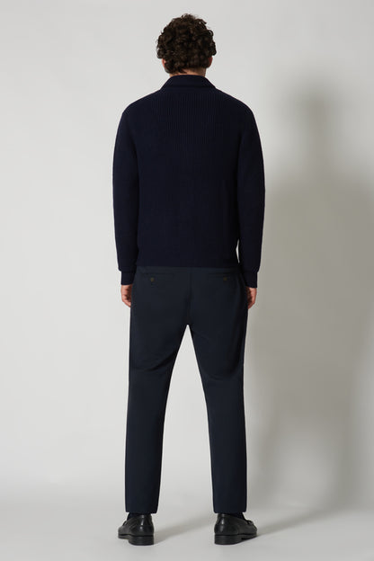 Navy Pure Cashmere Shawl Collar English Rib Cardigan