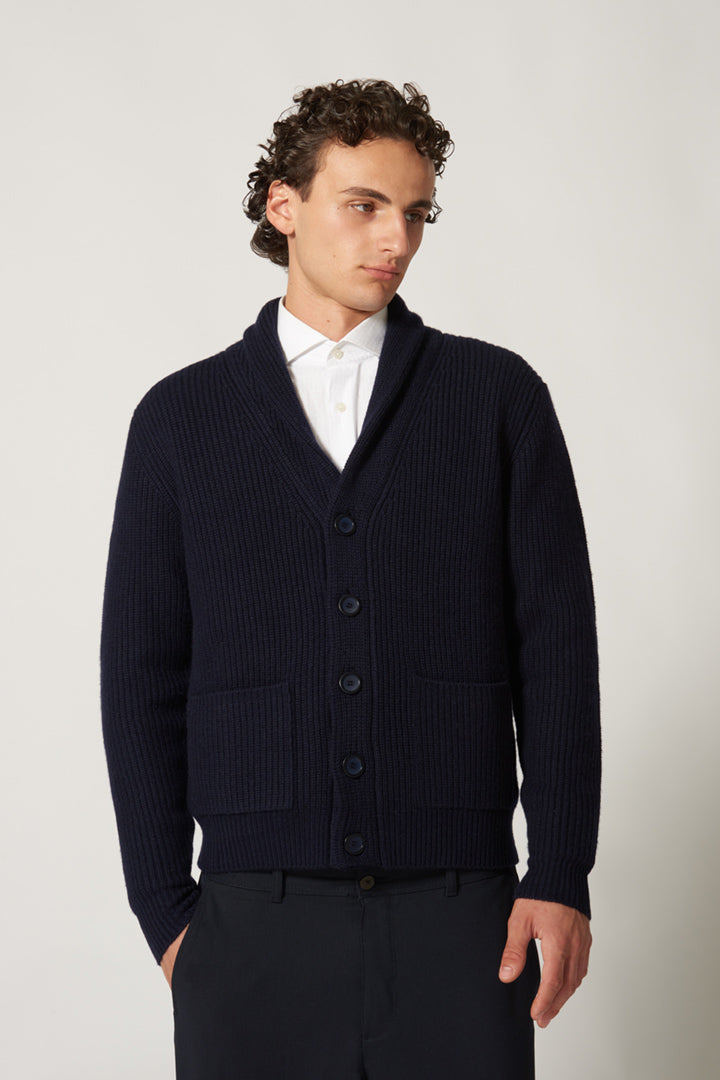 Navy Pure Cashmere Shawl Collar English Rib Cardigan