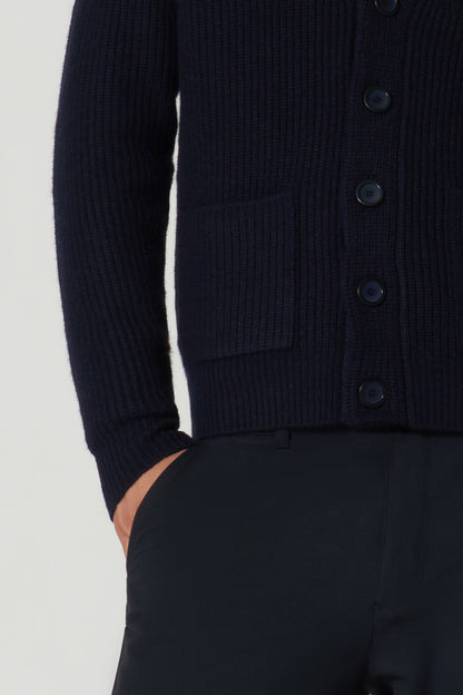 Navy Pure Cashmere Shawl Collar English Rib Cardigan