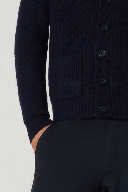 Cardigan Collo a Scialle a Costa Inglese in Puro Cashmere Navy