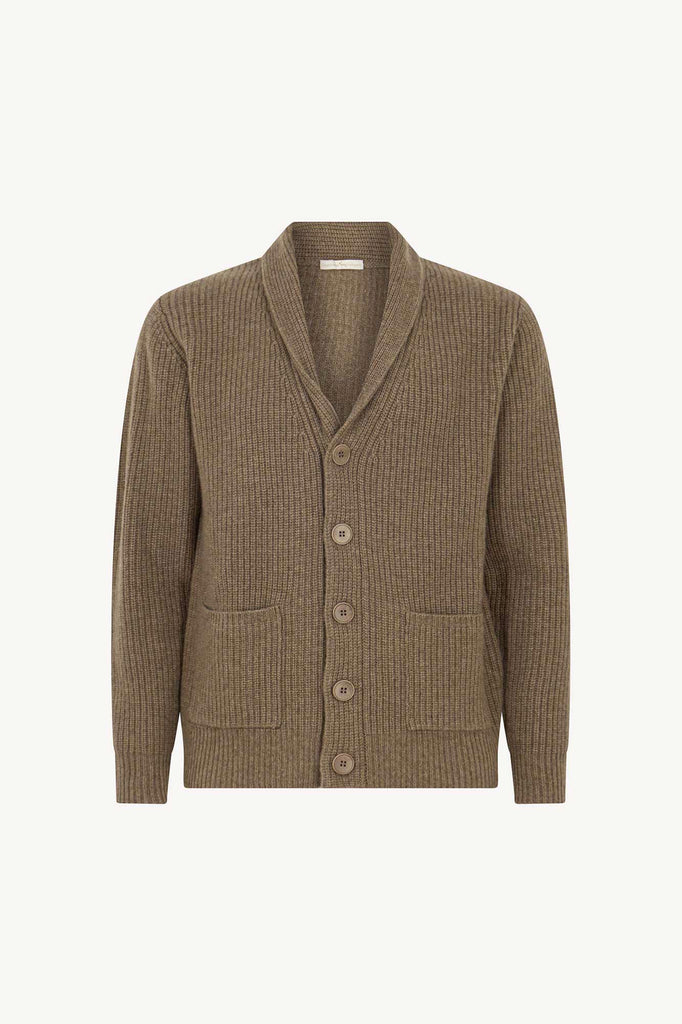Cardigan Collo a Scialle a Costa Inglese in Puro Cashmere Dune