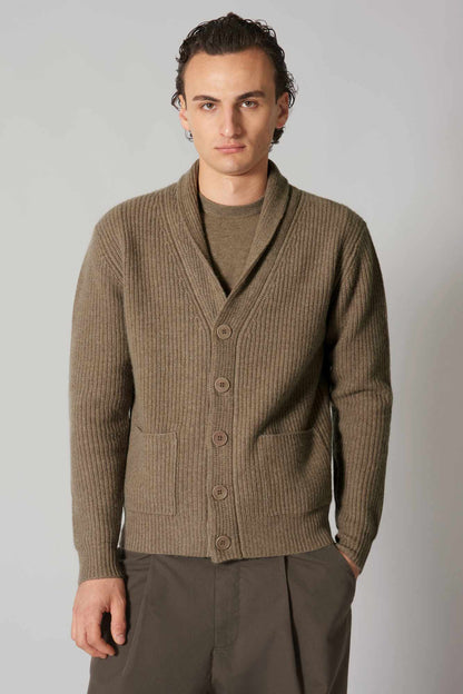 Cardigan Collo a Scialle a Costa Inglese in Puro Cashmere Dune