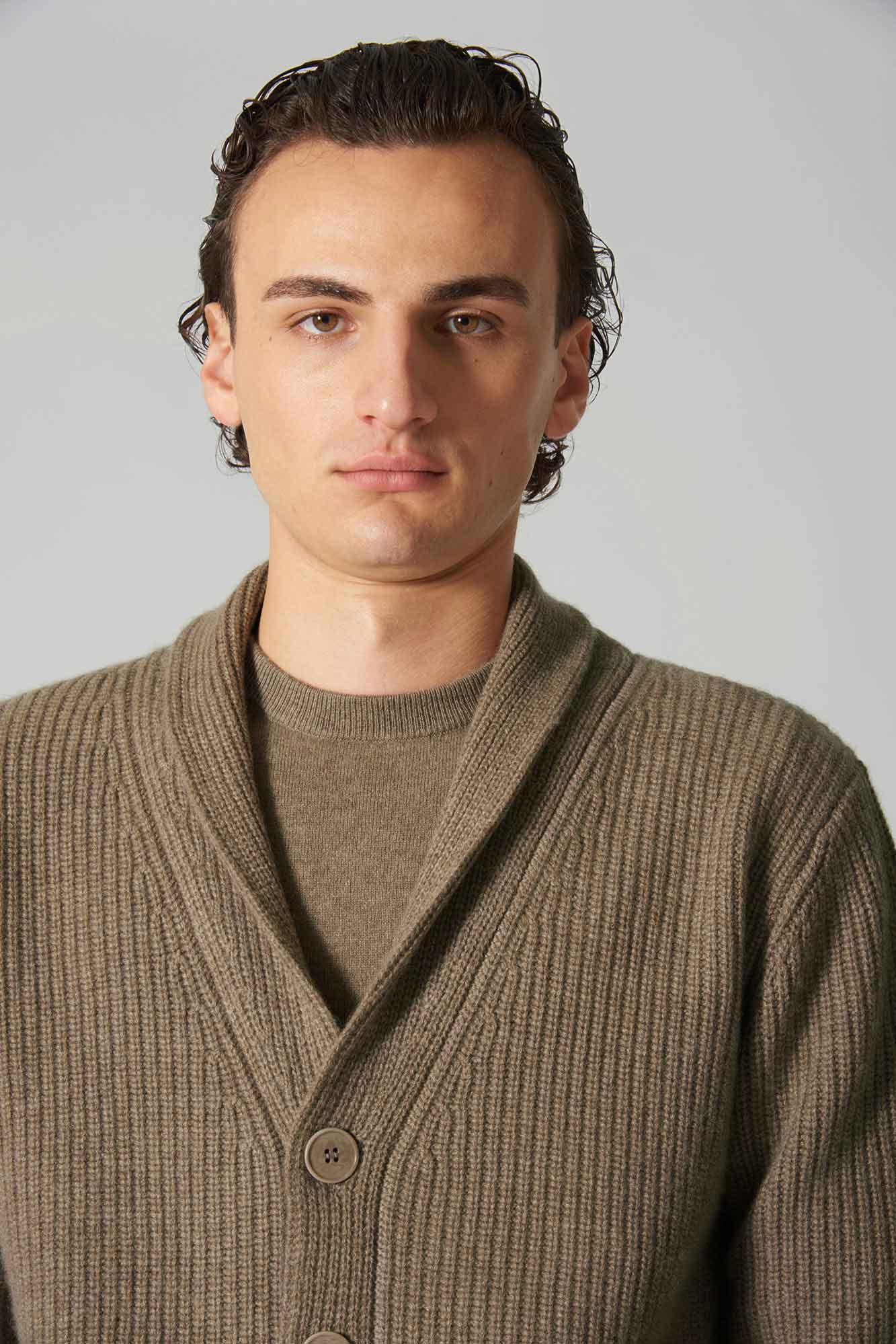 Cardigan Collo a Scialle a Costa Inglese in Puro Cashmere Dune