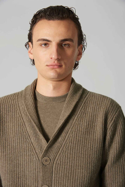 Cardigan Collo a Scialle a Costa Inglese in Puro Cashmere Dune