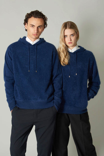 Felpa con Cappuccio Unisex in Puro Cashmere Spazzolato Marino