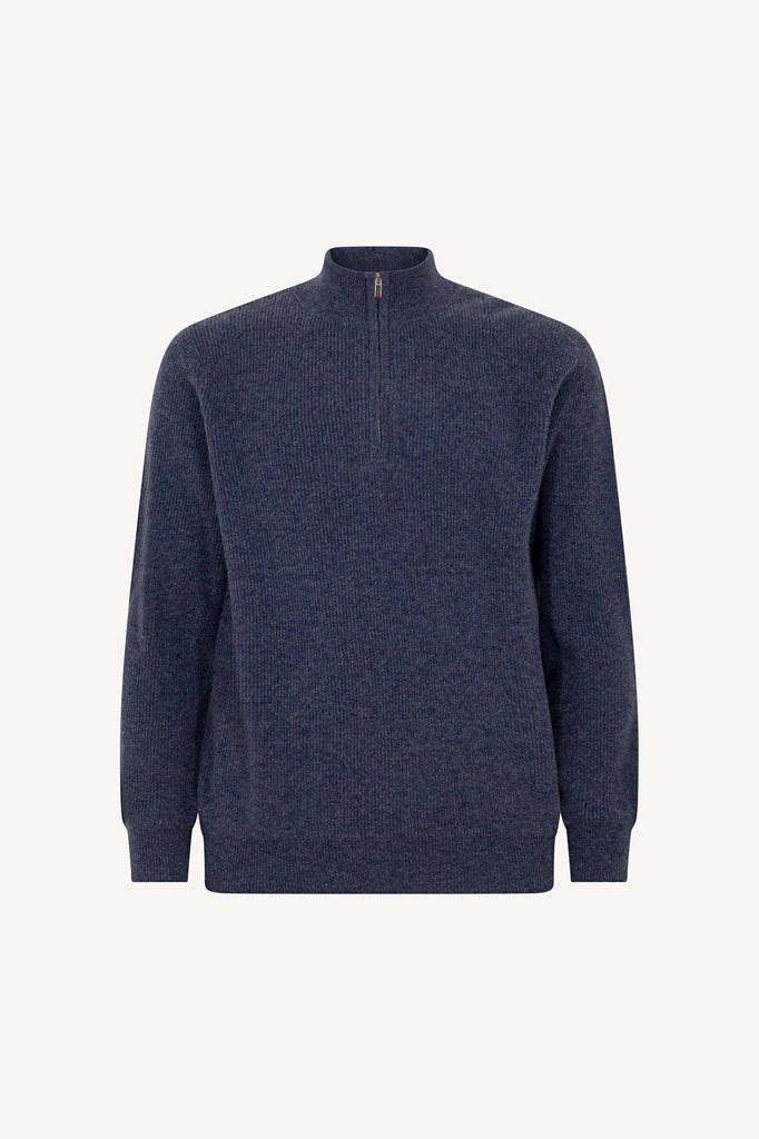 Lupetto Mezza Zip a Costa Inglese in Puro Cashmere Denim Scuro
