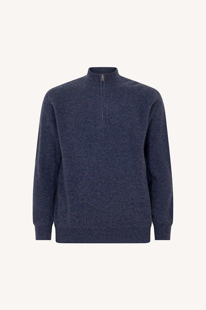 Lupetto Mezza Zip a Costa Inglese in Puro Cashmere Denim Scuro