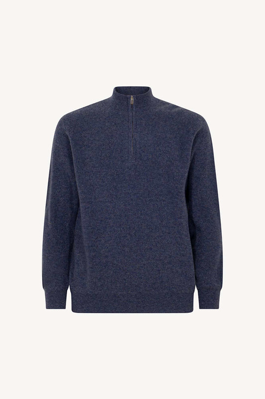 Lupetto Mezza Zip a Costa Inglese in Puro Cashmere Denim Scuro